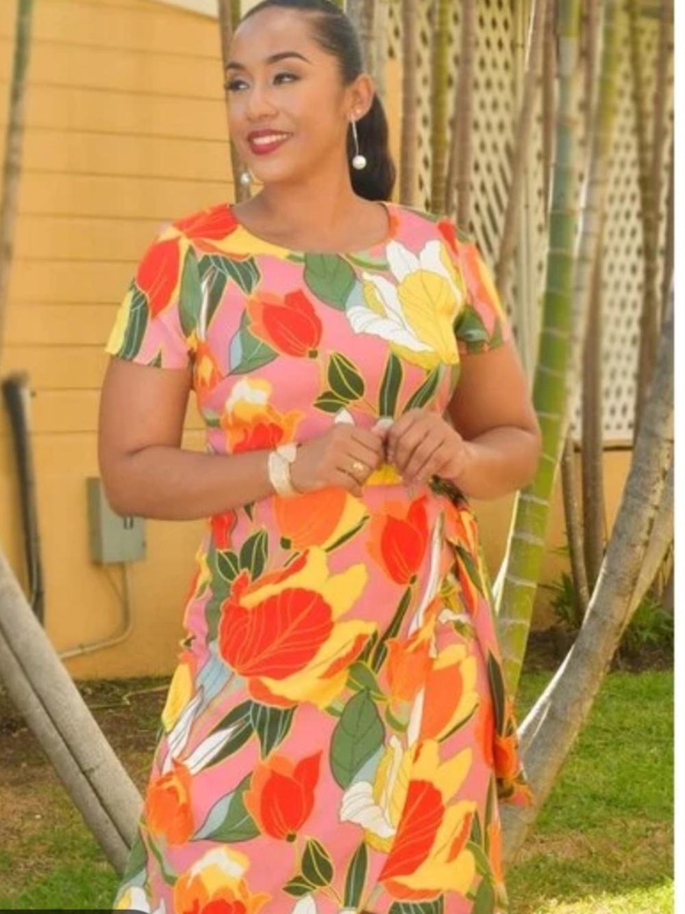 LE NEW YORK Midi pink, yellow, red, and green pattern  women’s dress size 16